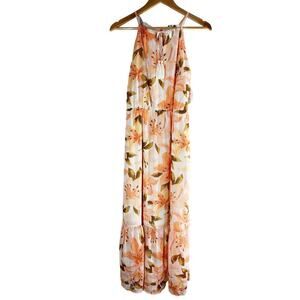 Harlow & Rose Tie Neck Tiered Metallic Midi Dress In Pink Size Medium Casual